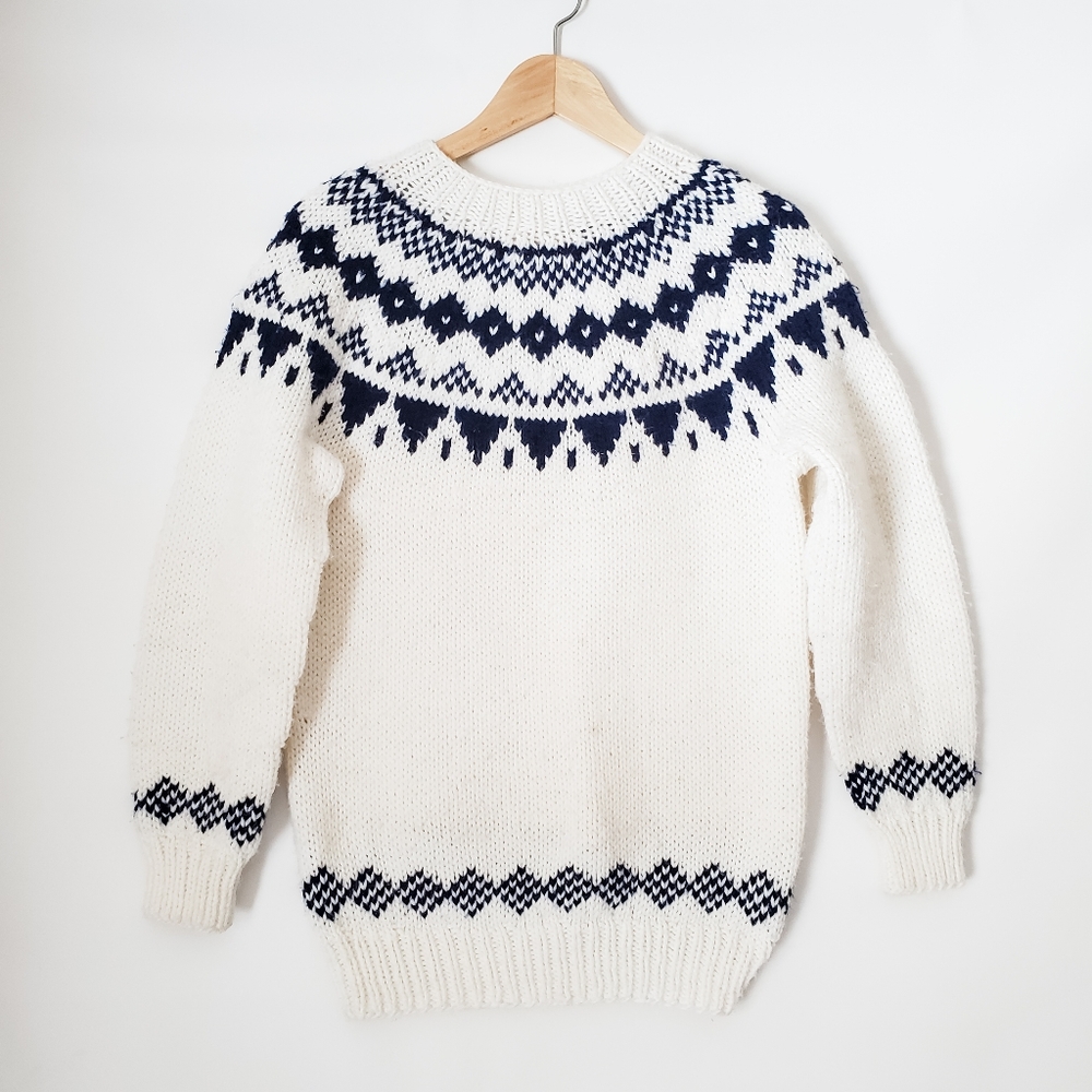 Vintage Handknit Blue & White Fair Isle Sweater Size X-Small - Medium